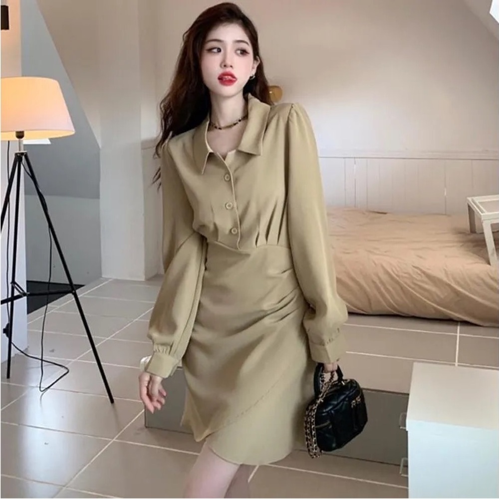 Korean Brand Tan Button-Up Long Sleeve Dress